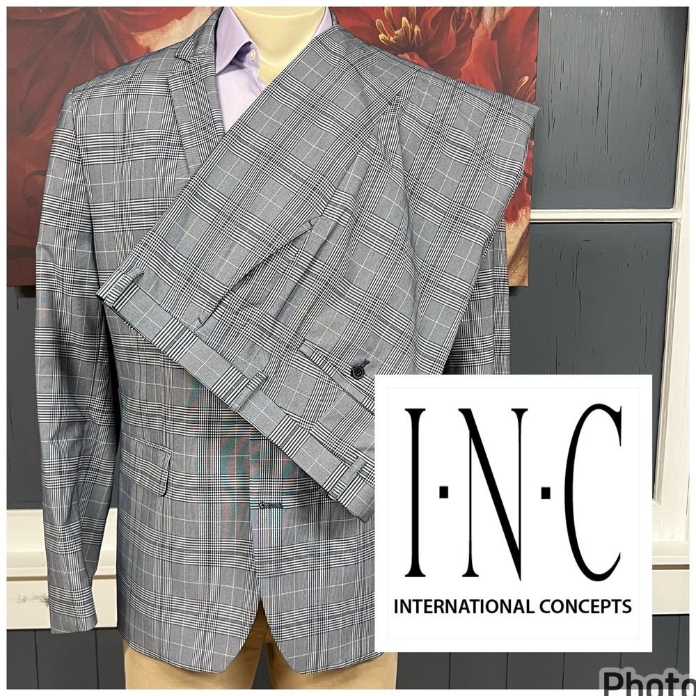 INC Suit Men XL (44R) Slim Fit‎ Stretch Pants 34x31 Tapered Leg Gray/Navy/White